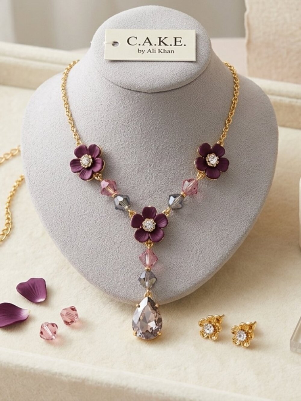 Ali Kahn gold-tone floral station necklace with faceted beads crystal accent